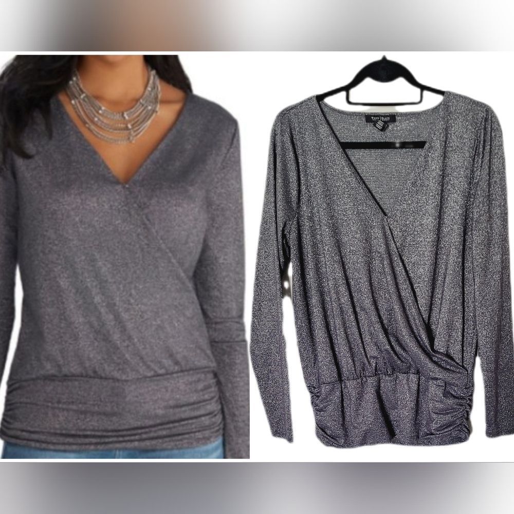 White House Black Market Metallic Gray Wrap Blouse Sz L